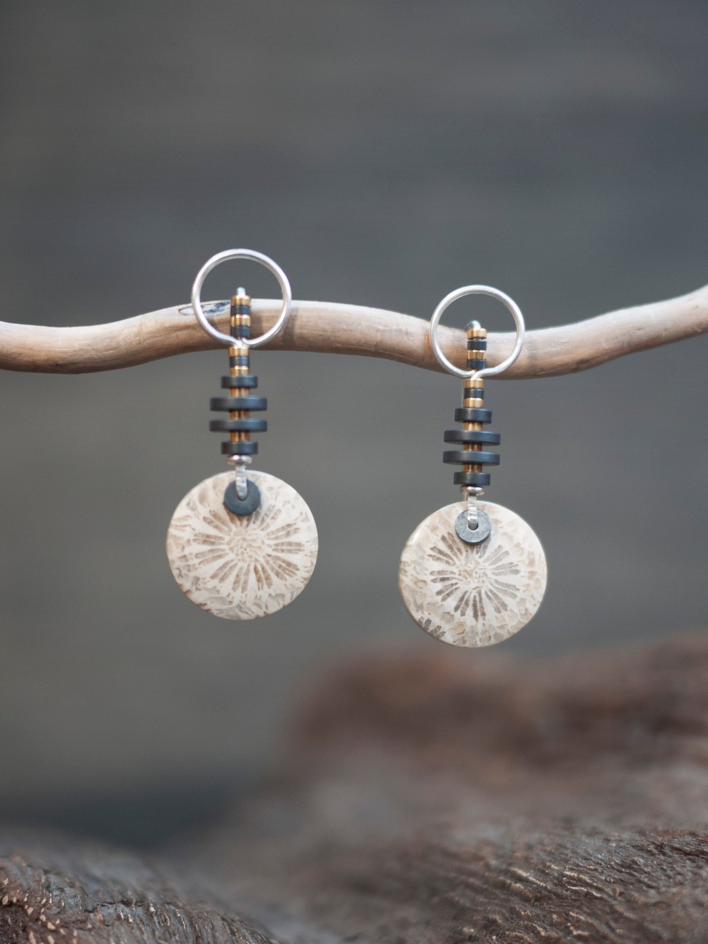 Circle Motif Fossil Coral Earrings