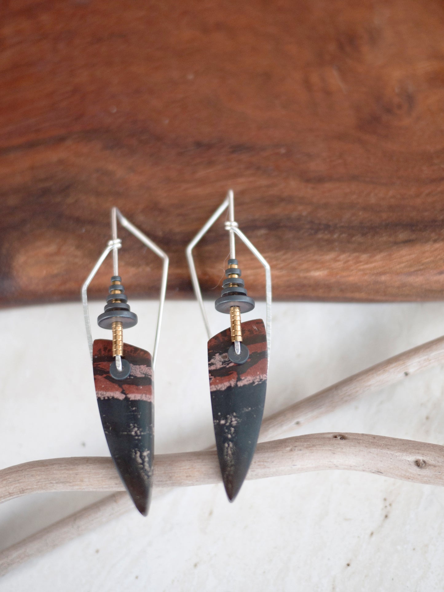 Dendrite Marble Spear Sculptural Angle Earrings