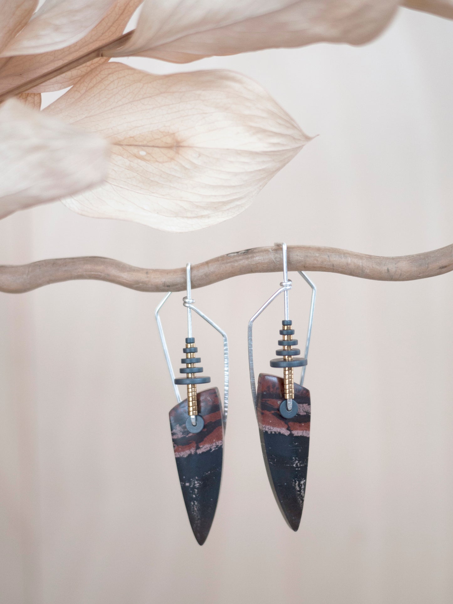Dendrite Marble Spear Sculptural Angle Earrings