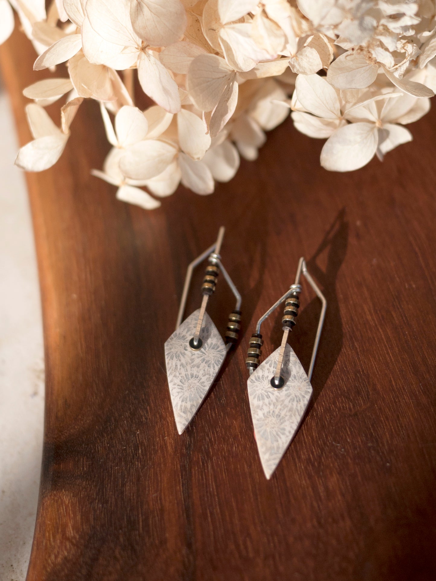 Geometric Diamond Fossil Coral Drop Earrings