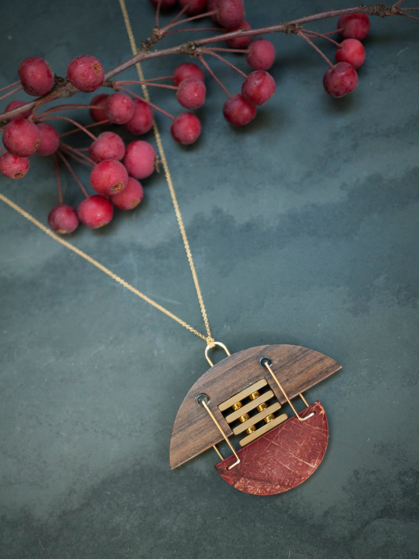 Deco Inspired Red Jasper and Wood Necklace