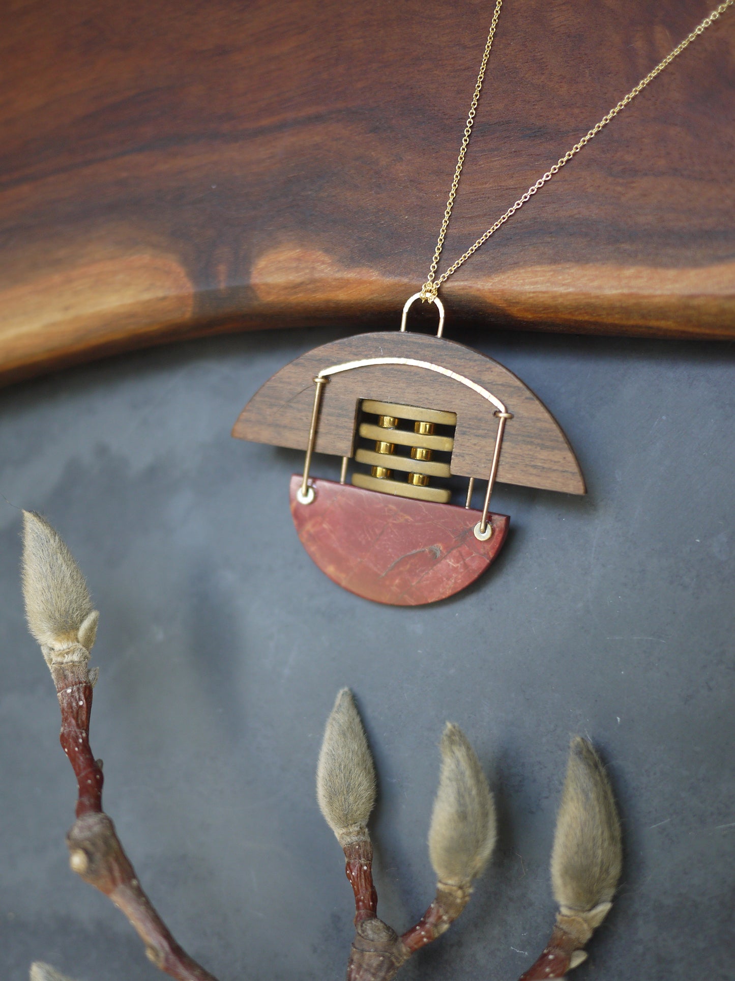 Deco Inspired Red Jasper and Wood Necklace