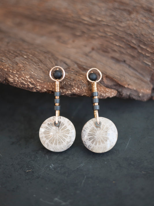 Circle Motif Fossil Coral Post Earrings