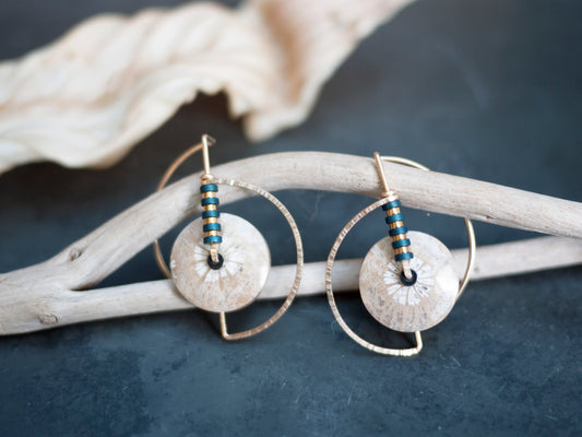 Circle Motif Fossilized Coral Earrings