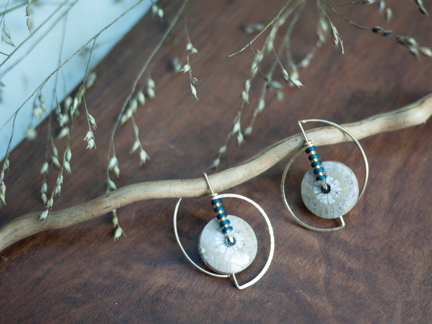 Circle Motif Fossilized Coral Earrings