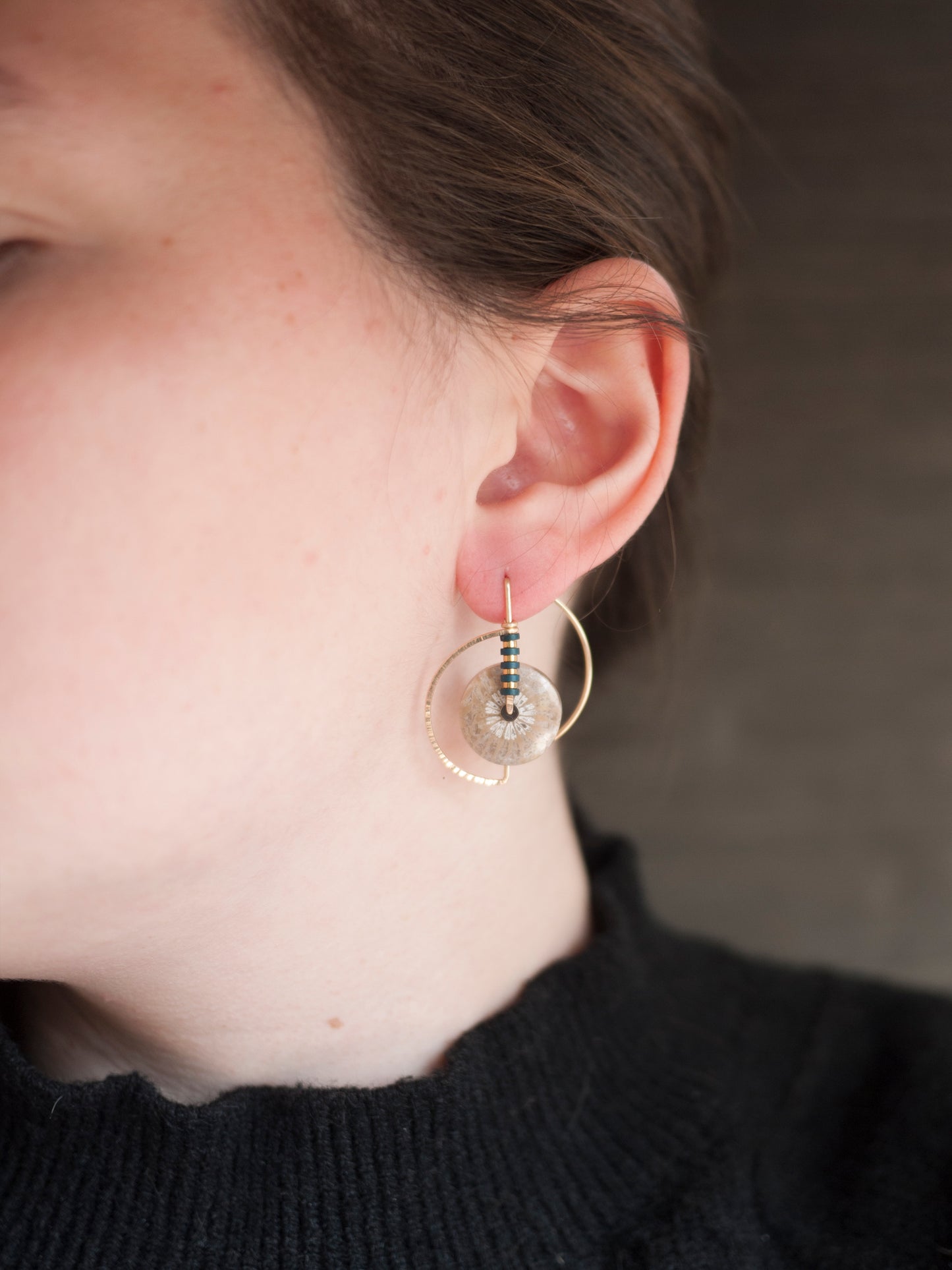 Circle Motif Fossilized Coral Earrings