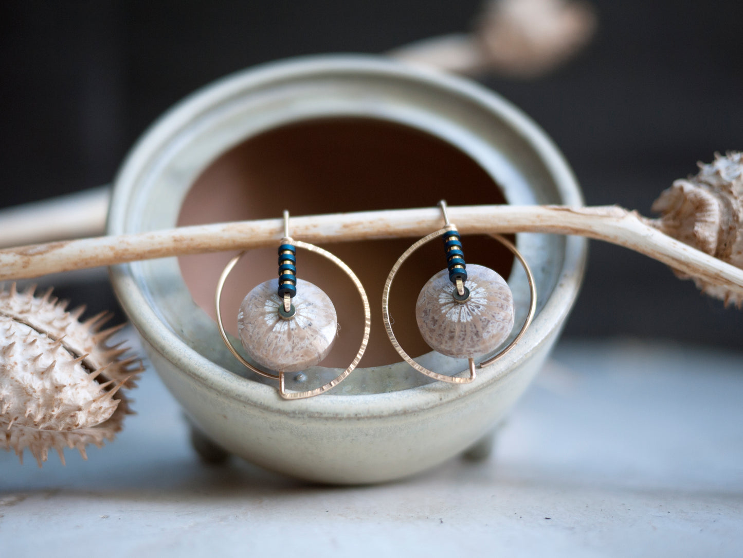 Circle Motif Fossilized Coral Earrings