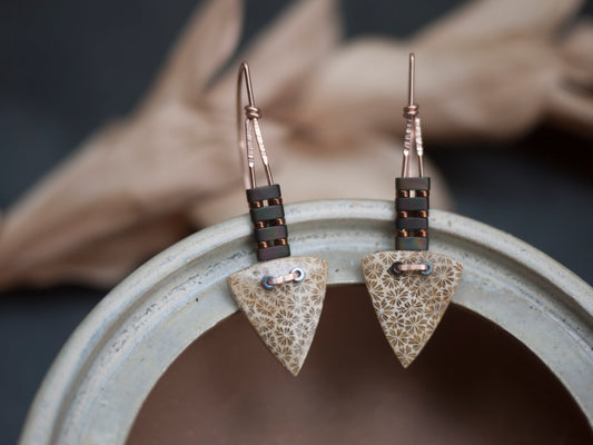 Dainty Triangle Fossil Coral Drop Earrings
