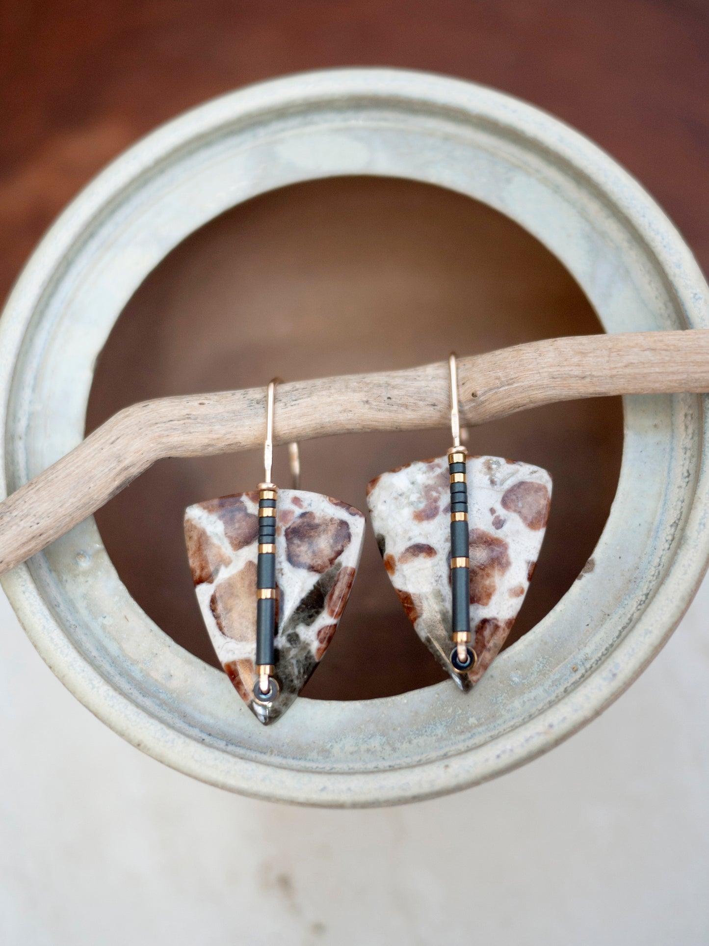 Garnet in Limestone Triangle Drop Earrings