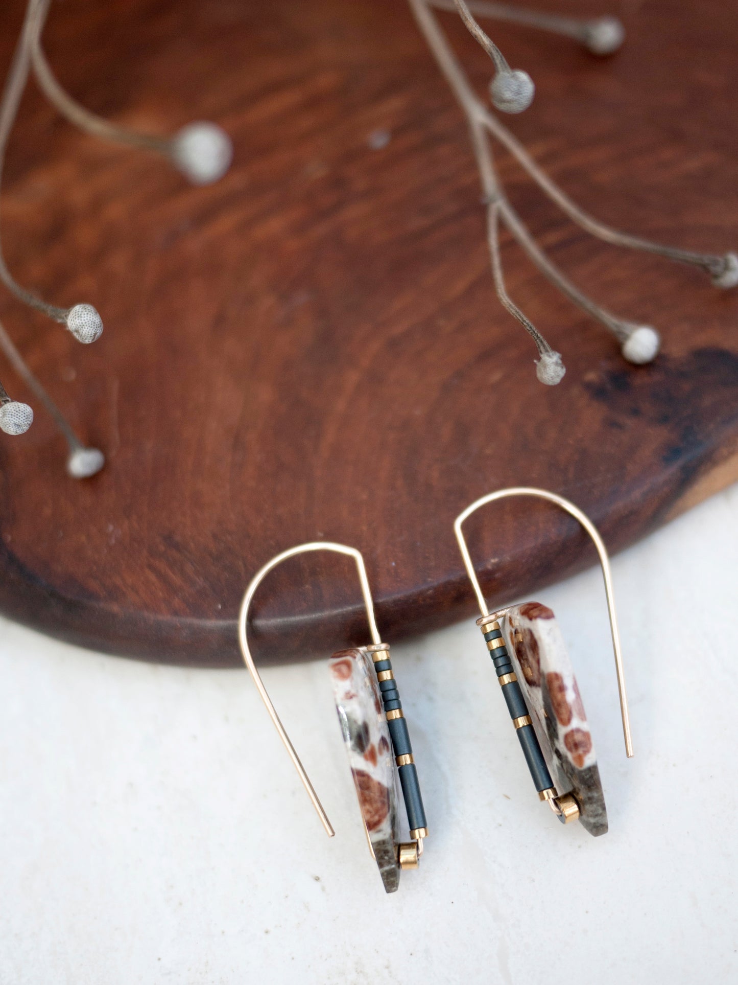 Garnet in Limestone Triangle Drop Earrings