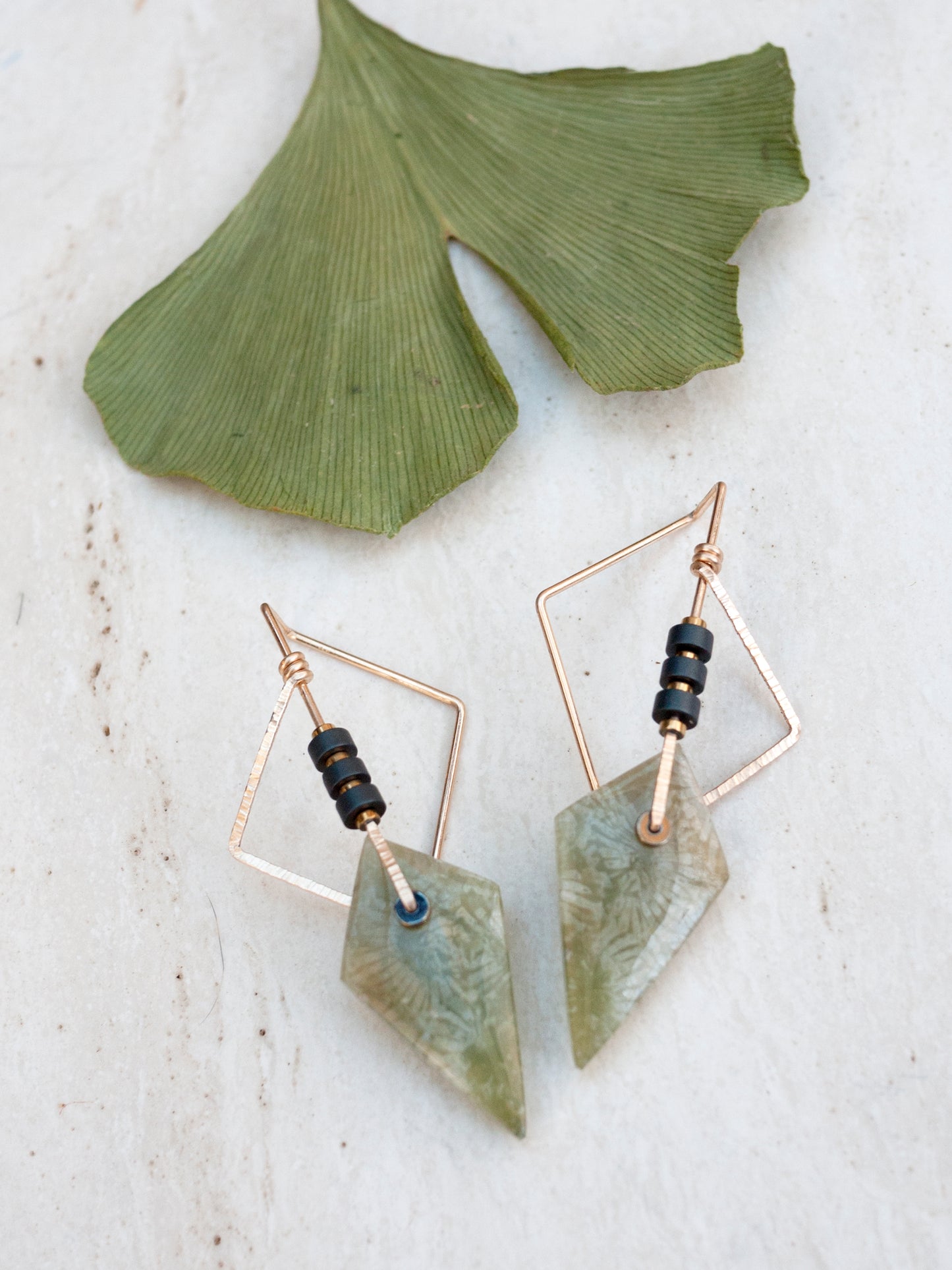 Angular Green Fossil Coral Earrings