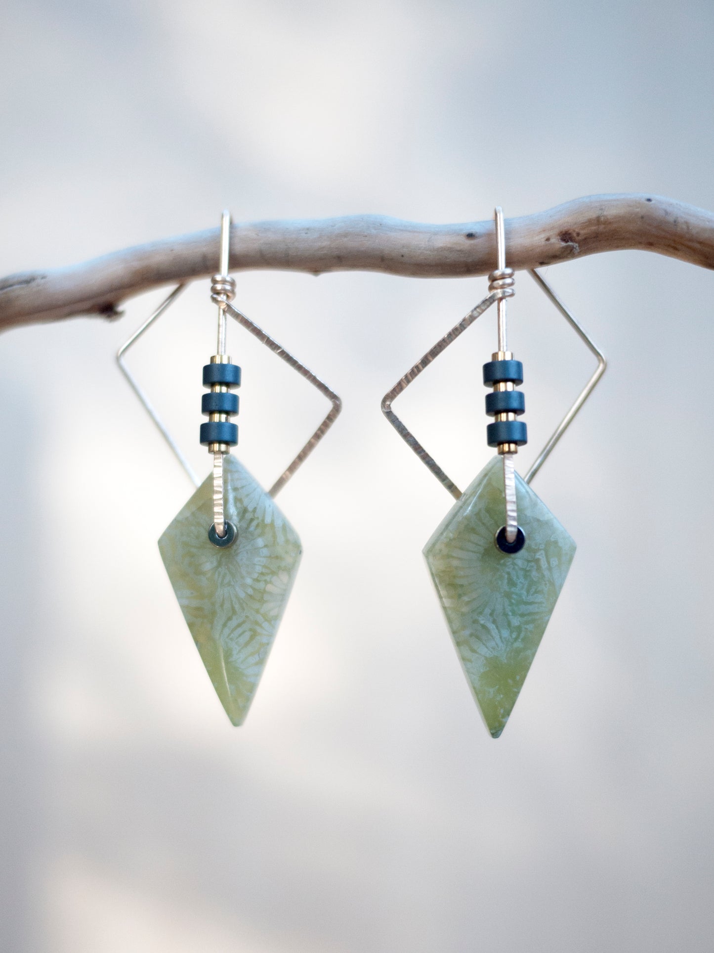 Angular Green Fossil Coral Earrings