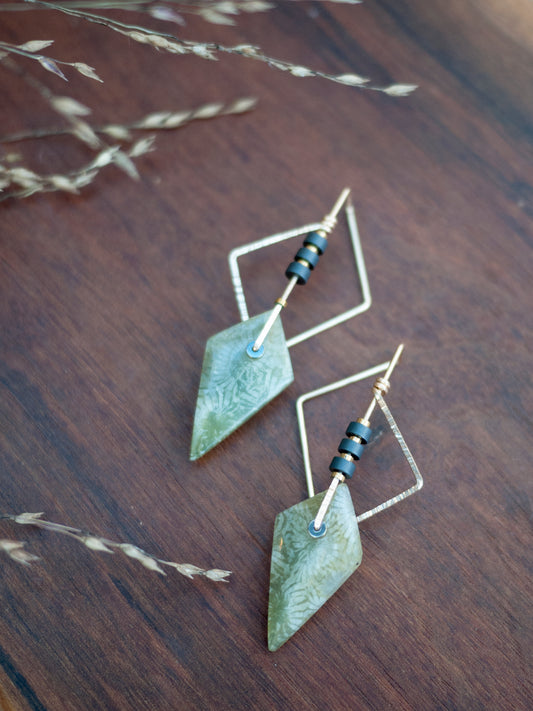 Angular Green Fossil Coral Earrings