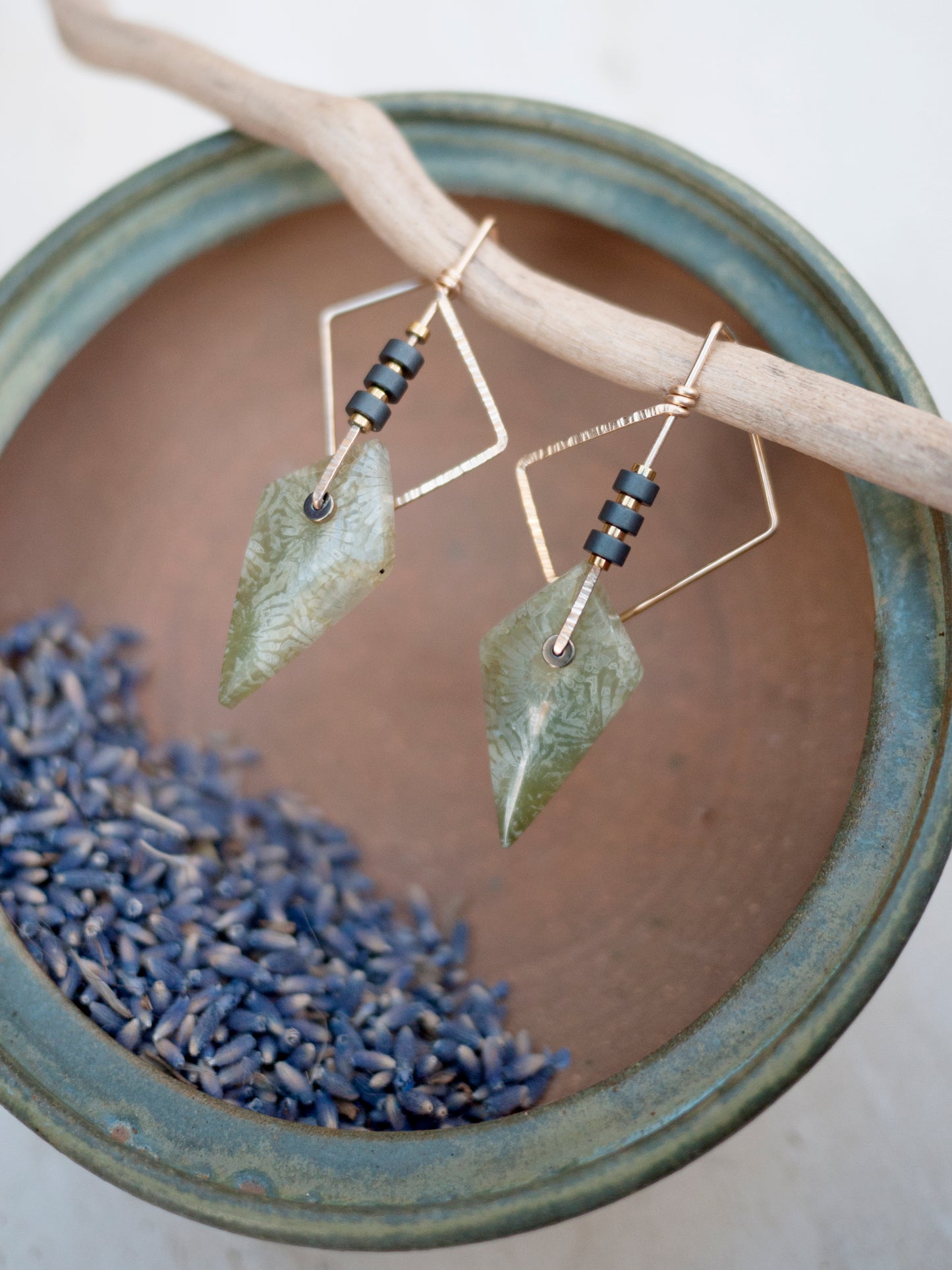 Angular Green Fossil Coral Earrings