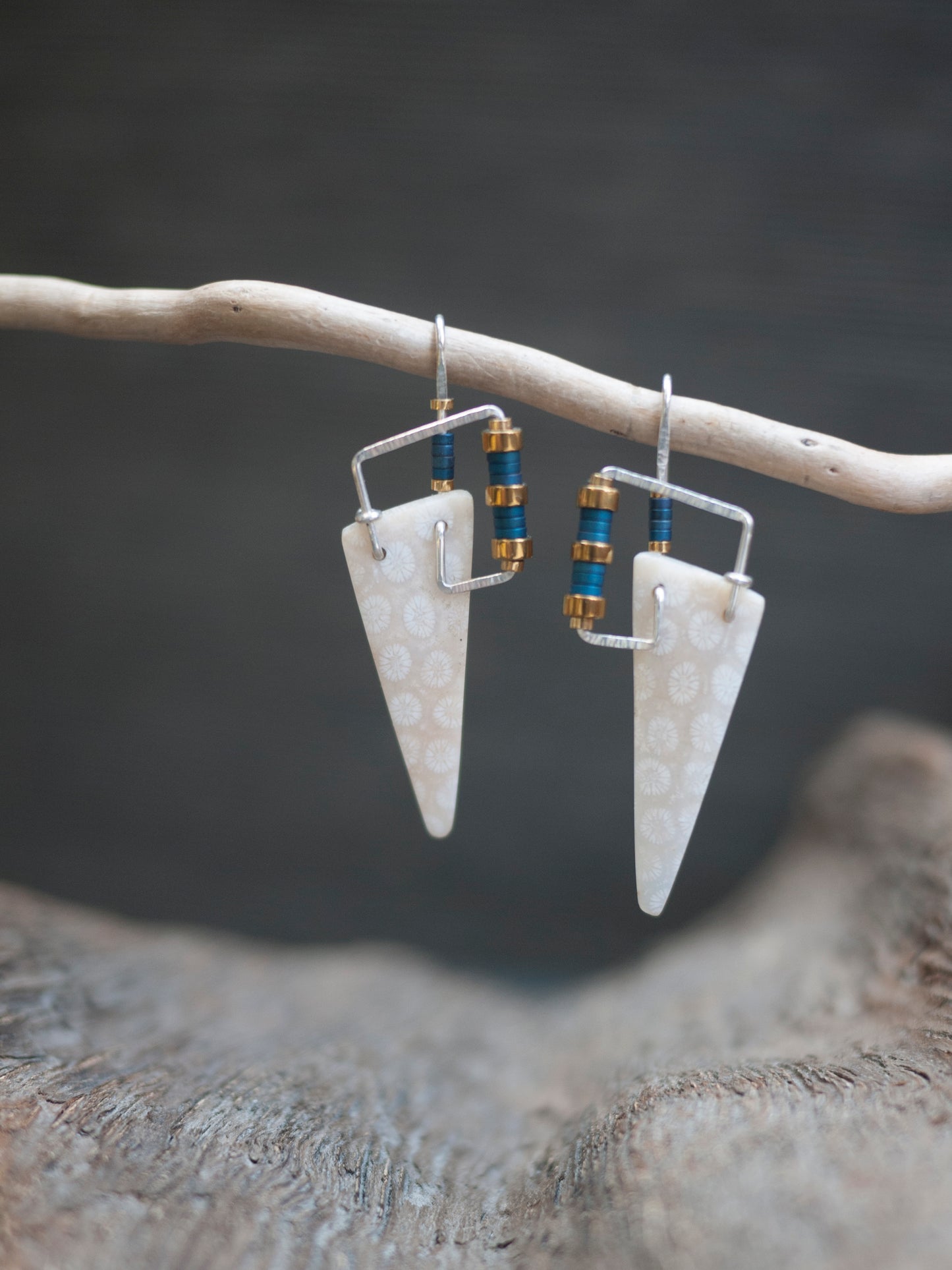 Geometric Triangle Fossil Coral Earrings