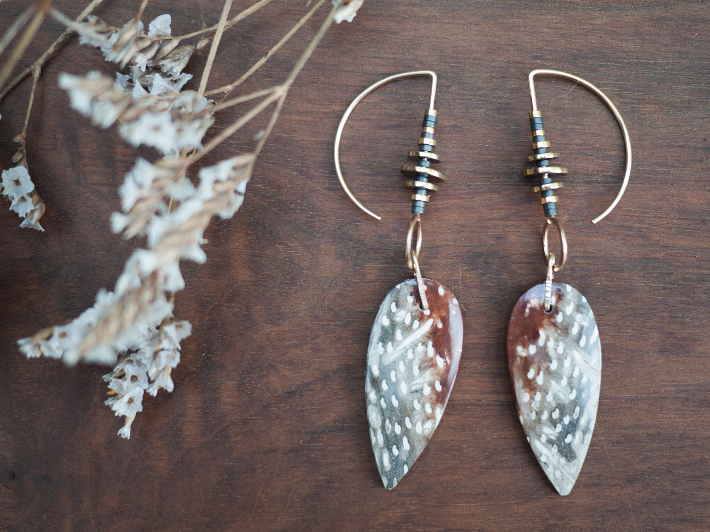 Red and Gray Palmwood Dangle Earrings