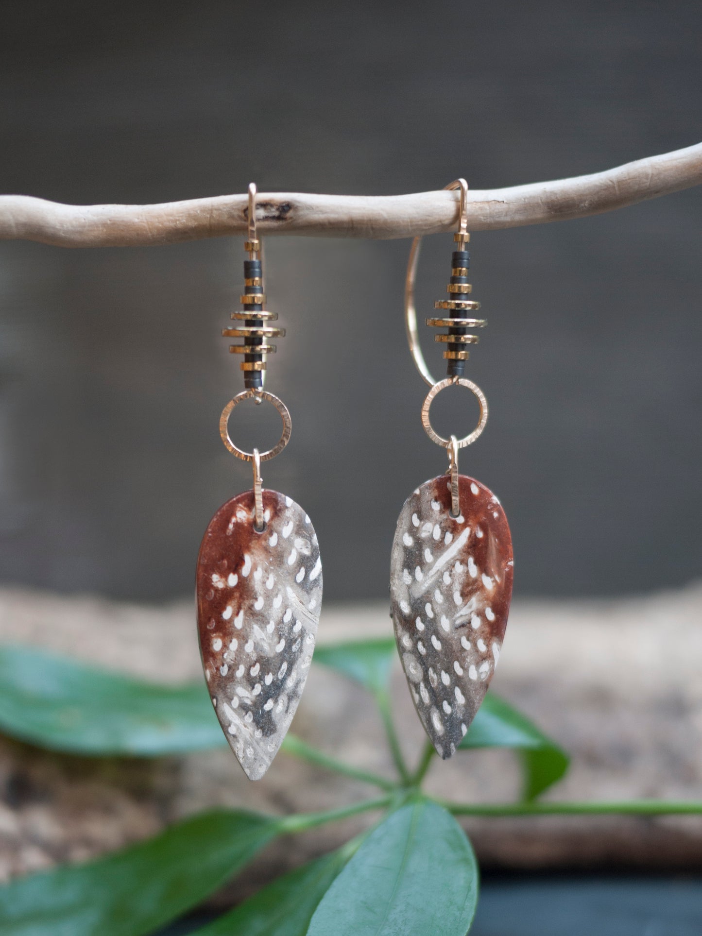 Red and Gray Palmwood Dangle Earrings