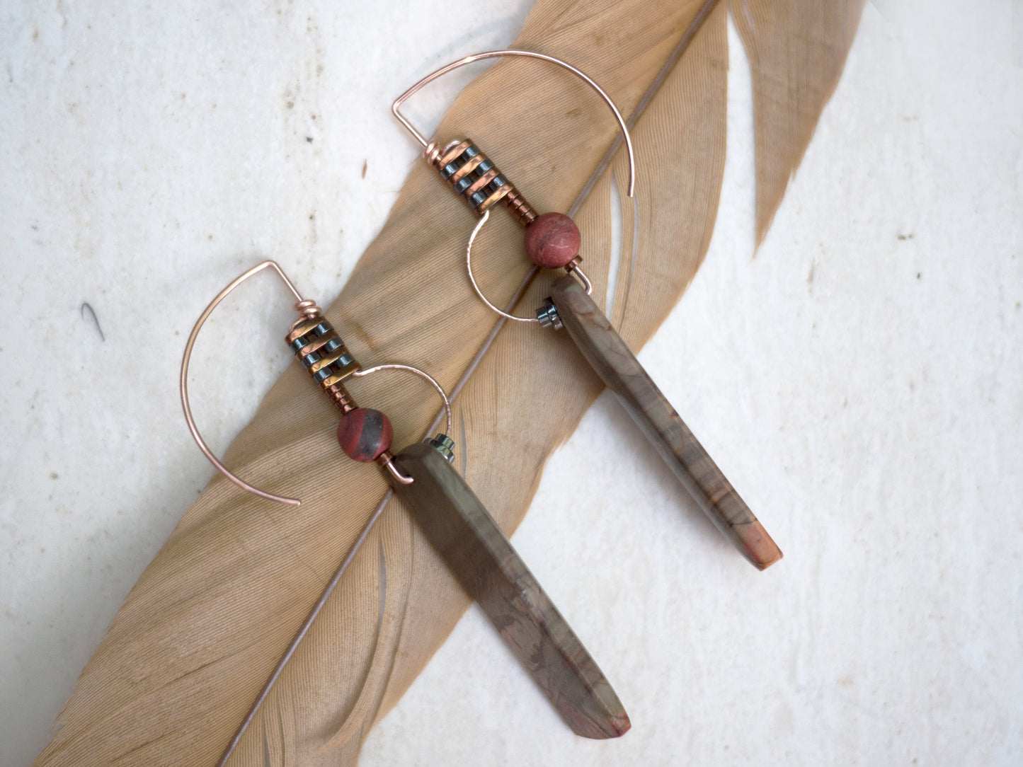 Red and Gray Palmwood Dangle Earrings