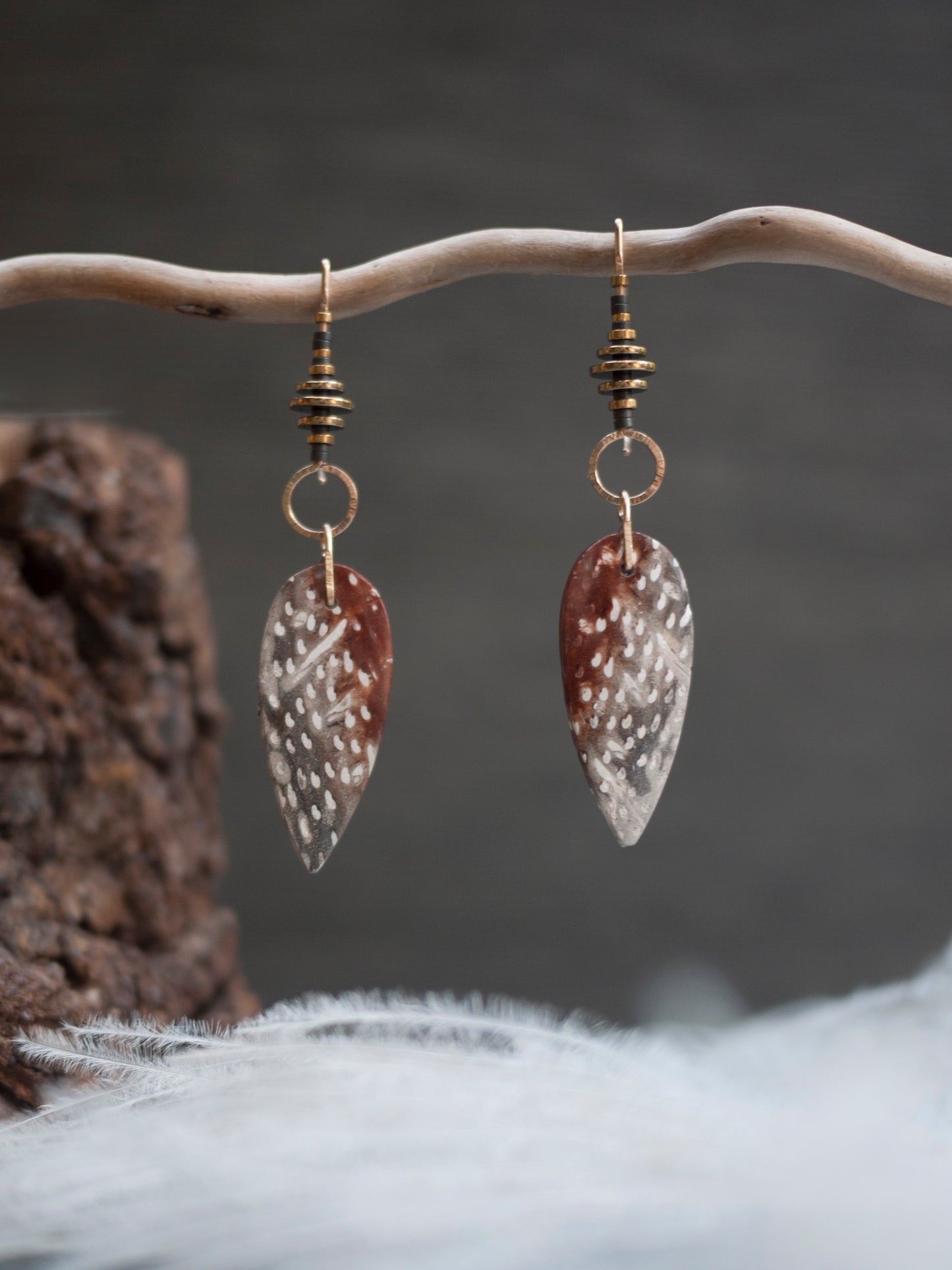 Red and Gray Palmwood Dangle Earrings