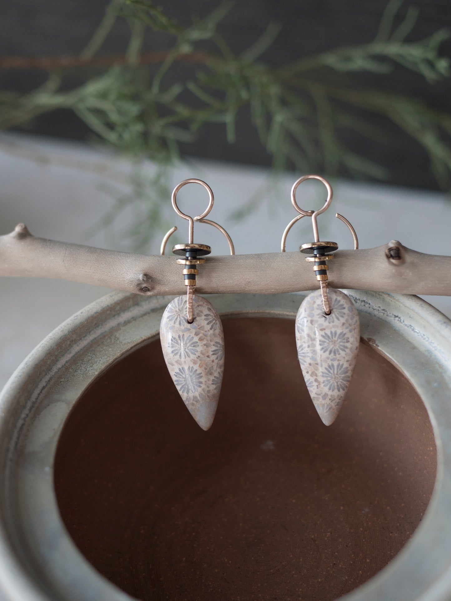 Inverted Teardrop Fossil Coral Ear Jacket - In Gold Fill