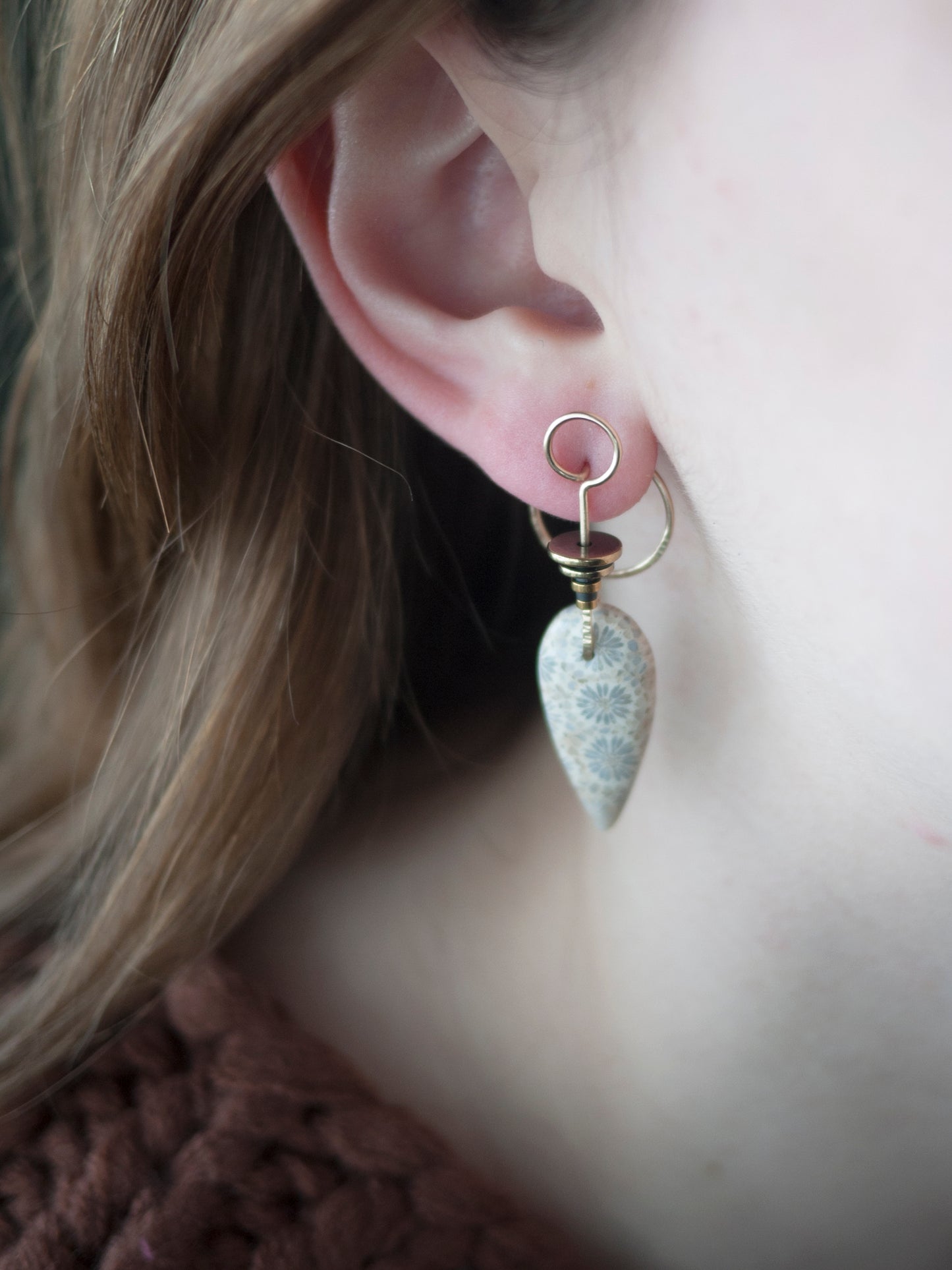 Inverted Teardrop Fossil Coral Ear Jacket - In Gold Fill