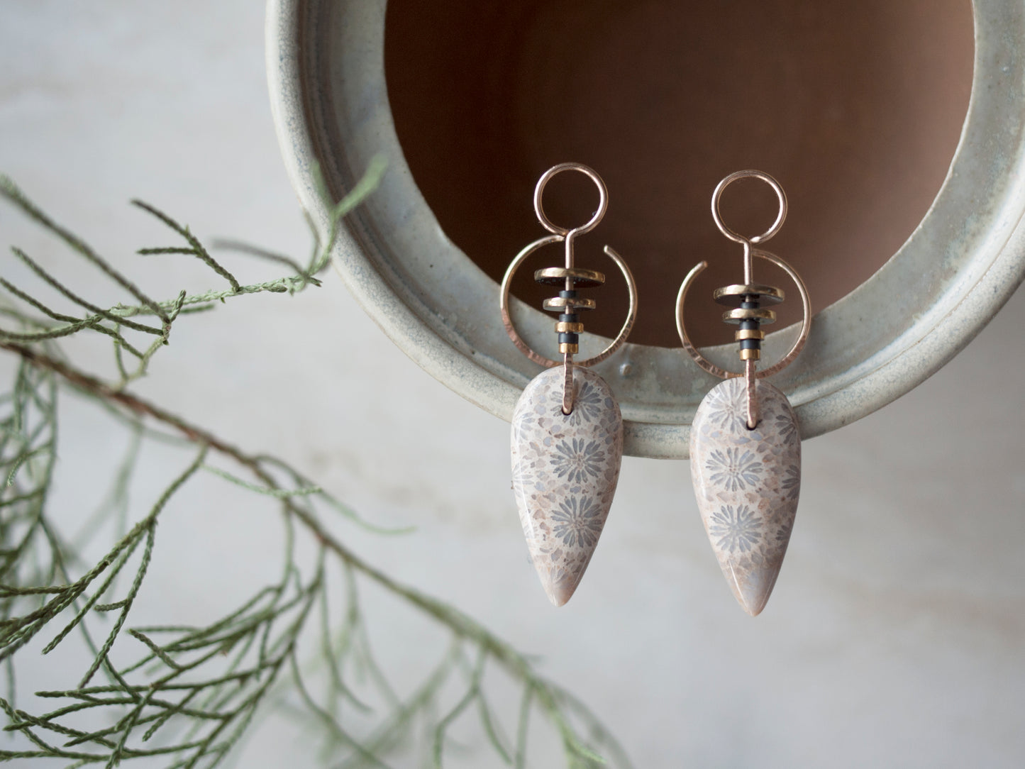 Inverted Teardrop Fossil Coral Ear Jacket - In Gold Fill