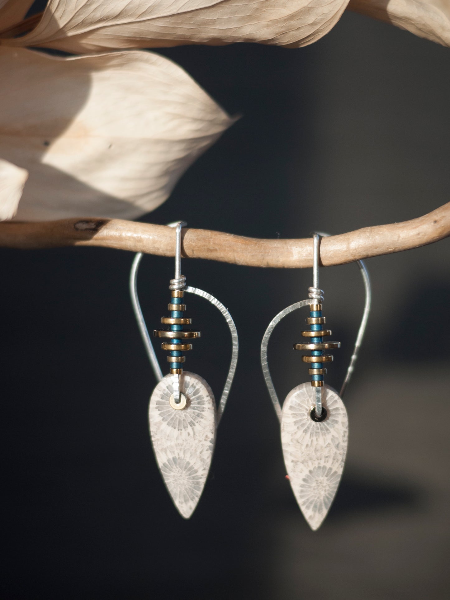 Sculptural Inverted Teardrop Fossil Coral Earrings