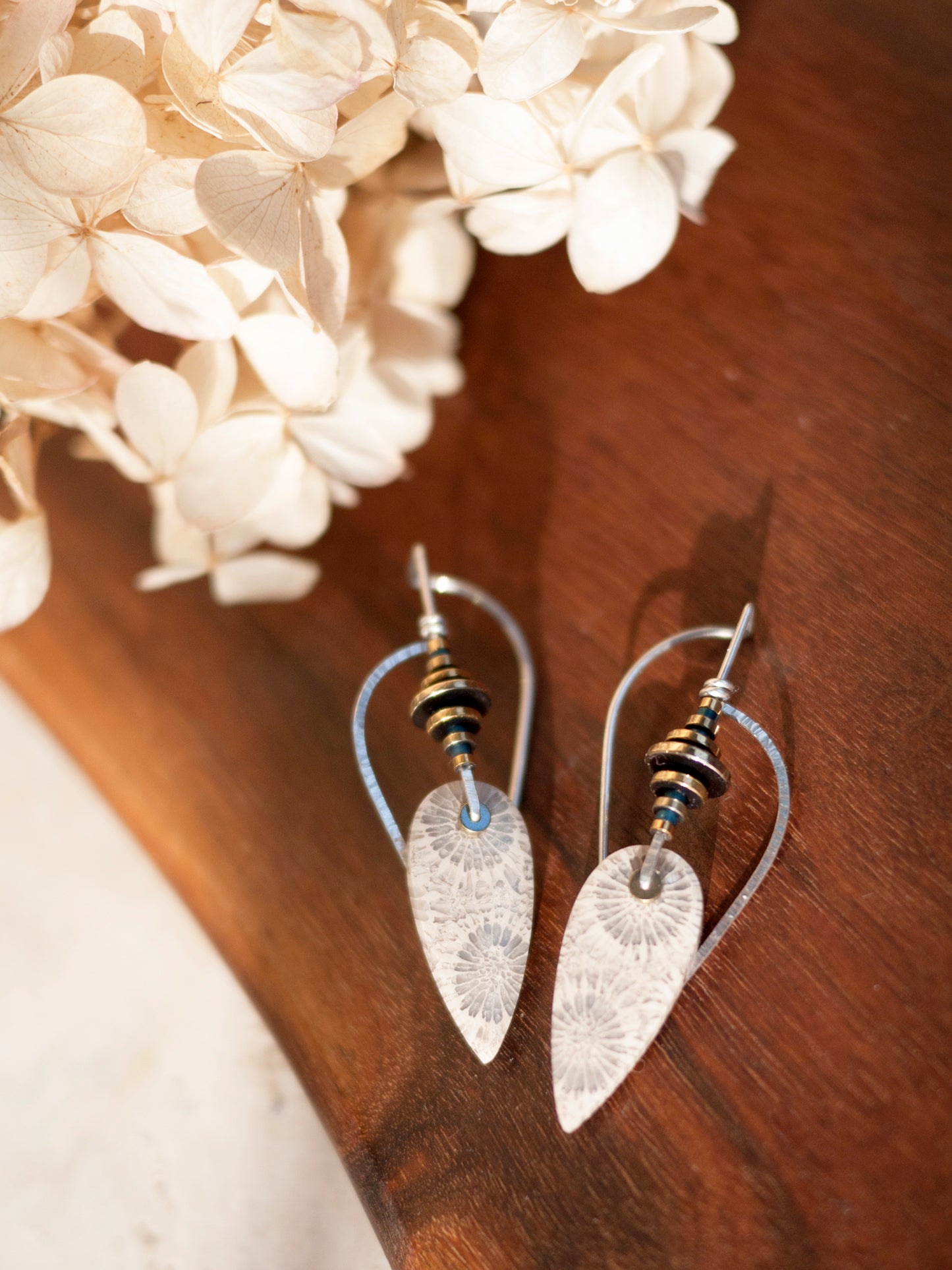 Sculptural Inverted Teardrop Fossil Coral Earrings