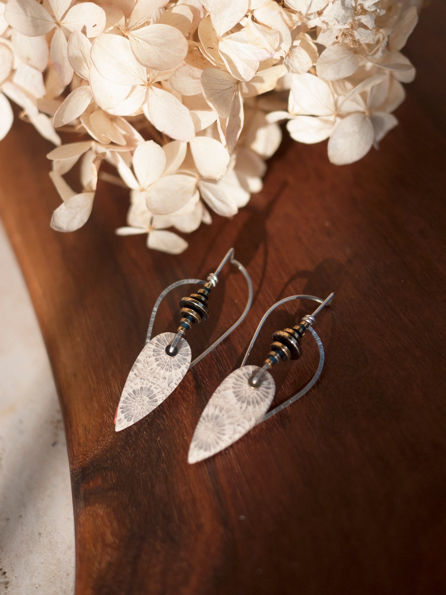Sculptural Inverted Teardrop Fossil Coral Earrings