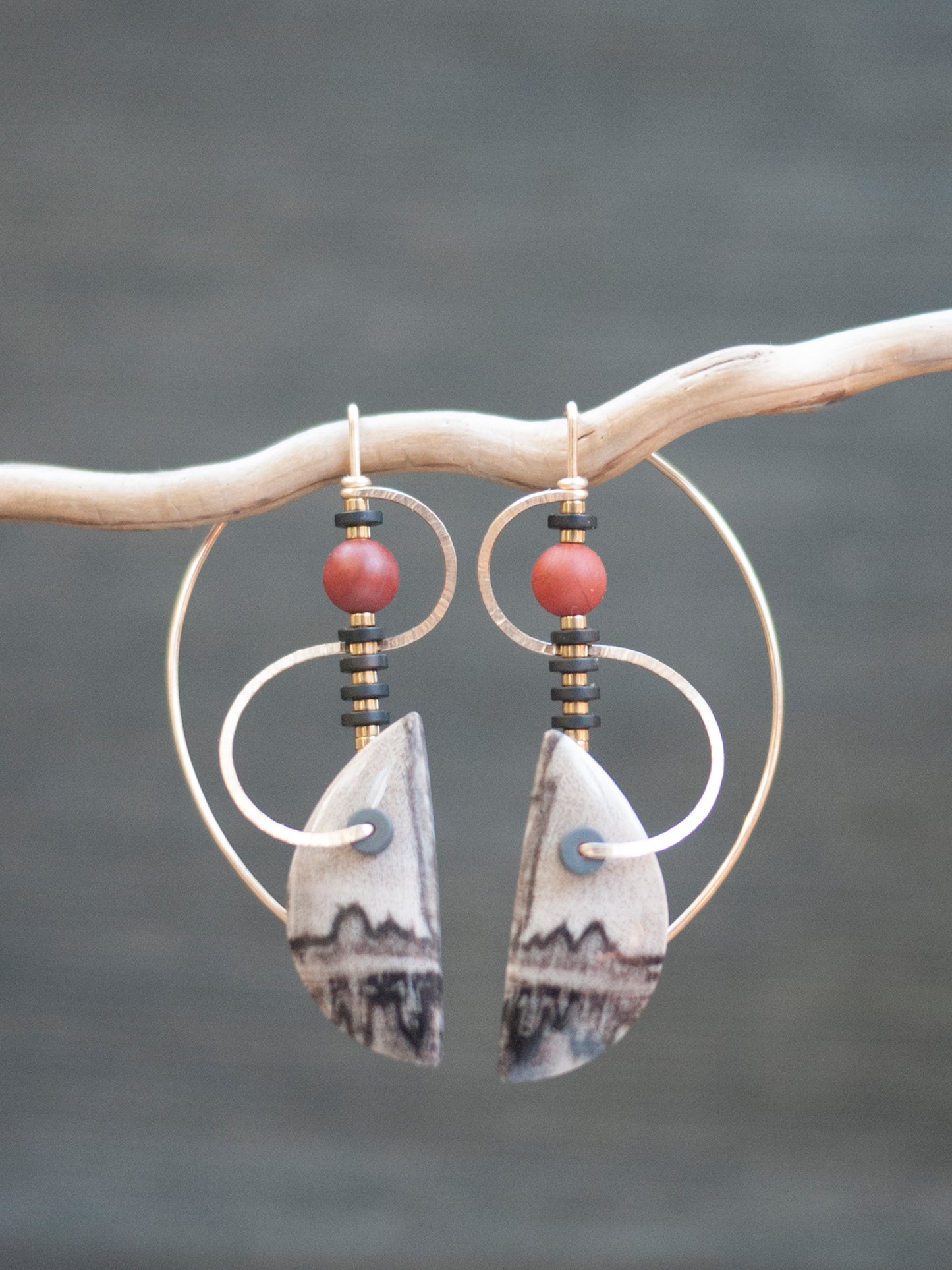 Petrified Wood Sculptural Spiral Drop Earrings
