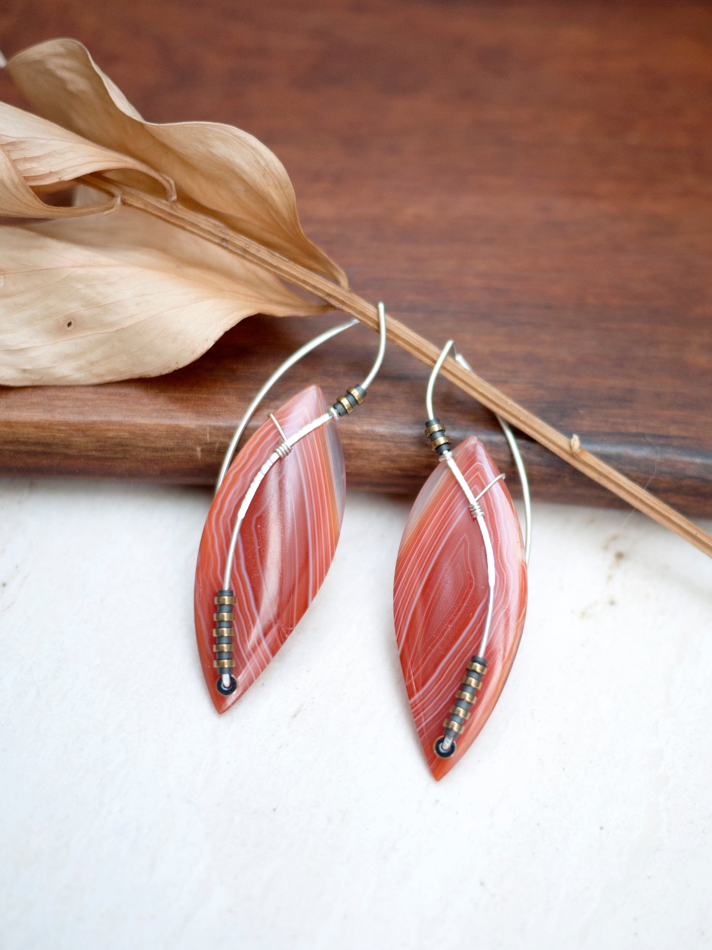 ON HOLD FOR ELIZABETH B. Orange Banded Agate Sculptural Earrings