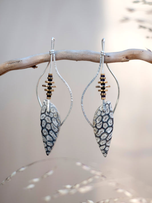 Sculptural Leaf Shaped Grey Fossil Coral Earrings