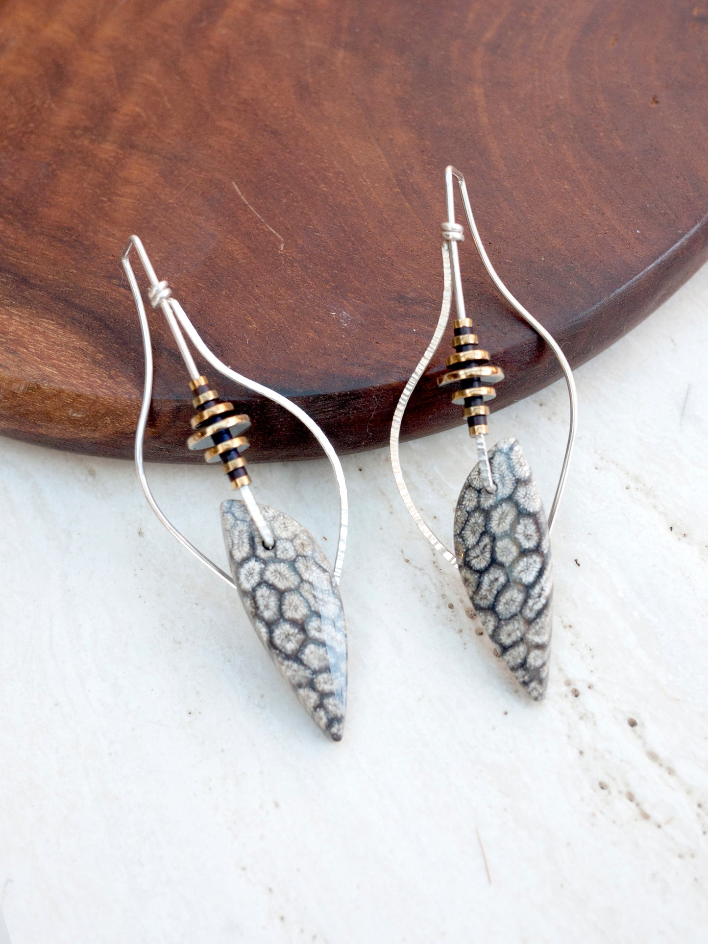 Sculptural Leaf Shaped Grey Fossil Coral Earrings
