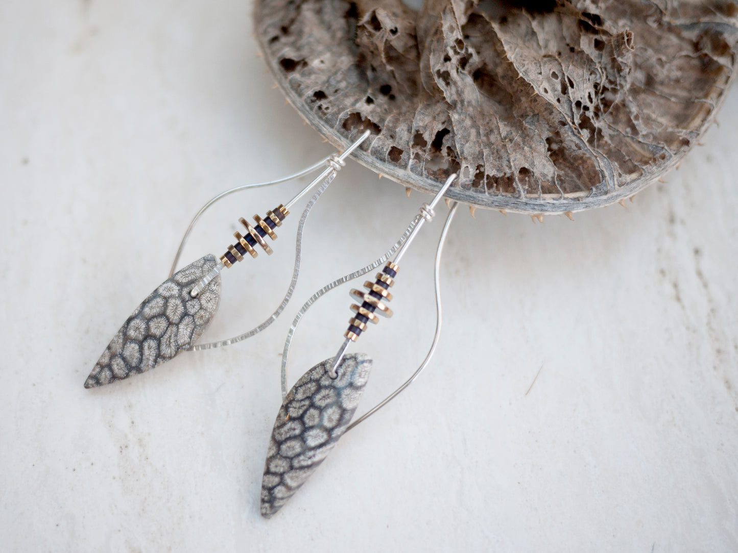 Sculptural Leaf Shaped Grey Fossil Coral Earrings