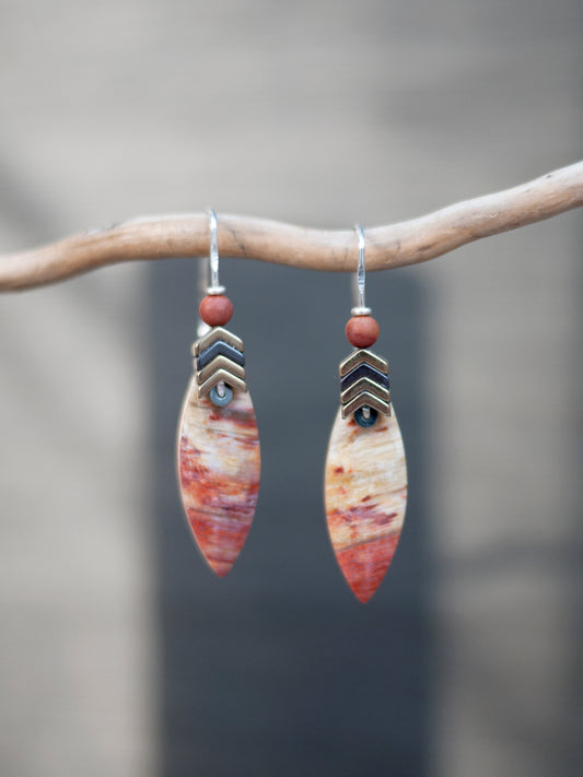 Marquise Shaped Petrified Wood Sculptural Earrings
