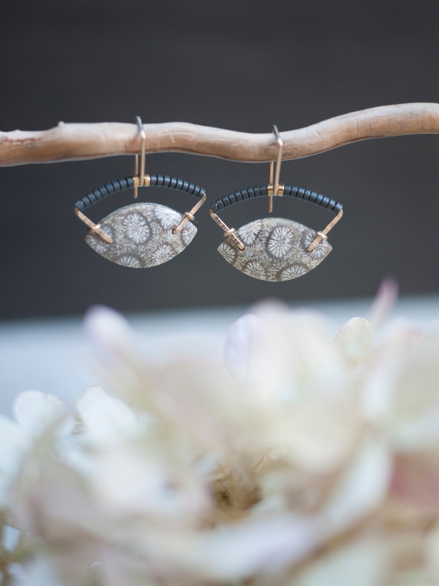 Marquise Fossil Coral Arch Dangle Earrings