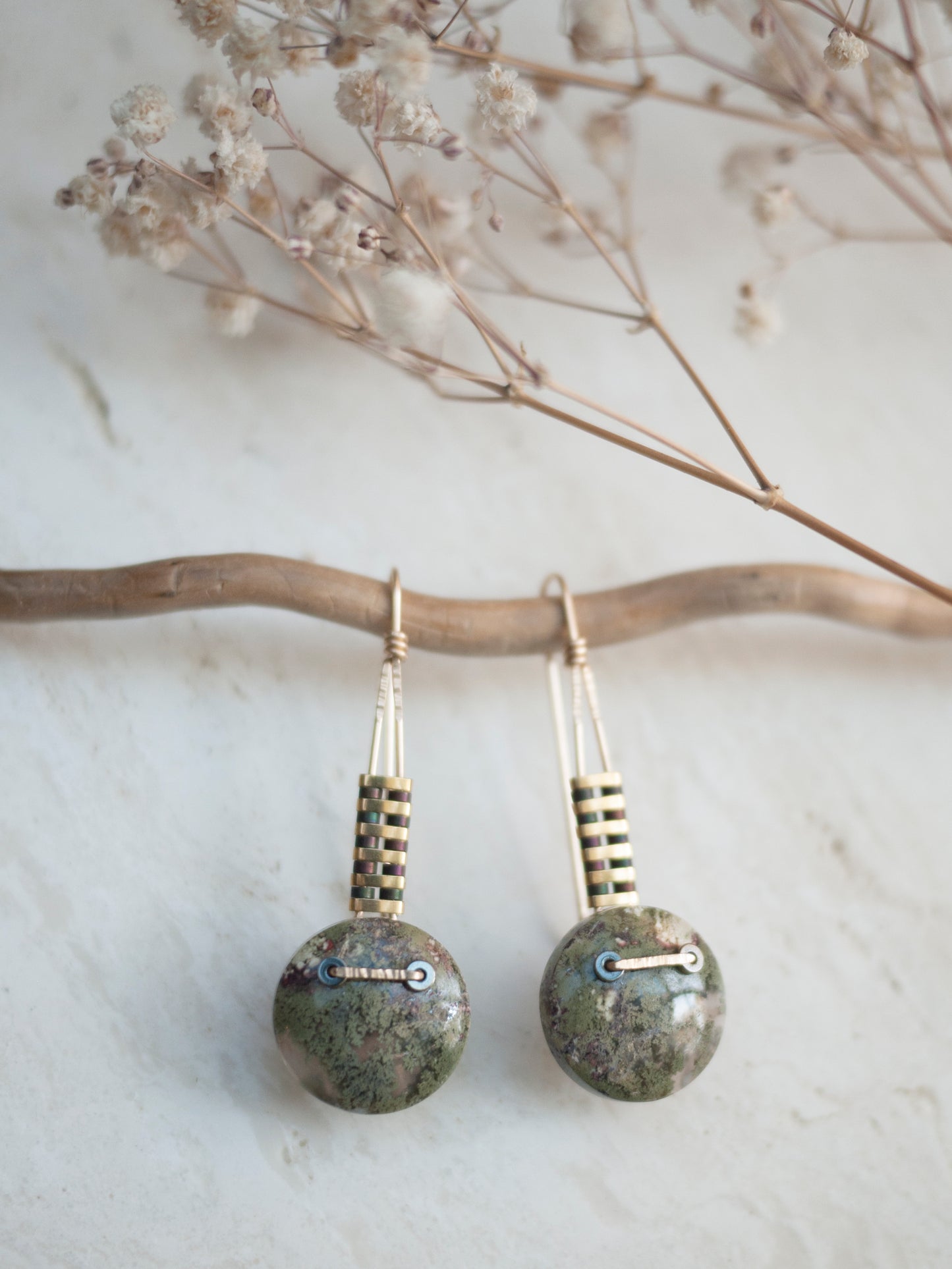 Moss Agate Circle Drop Earrings