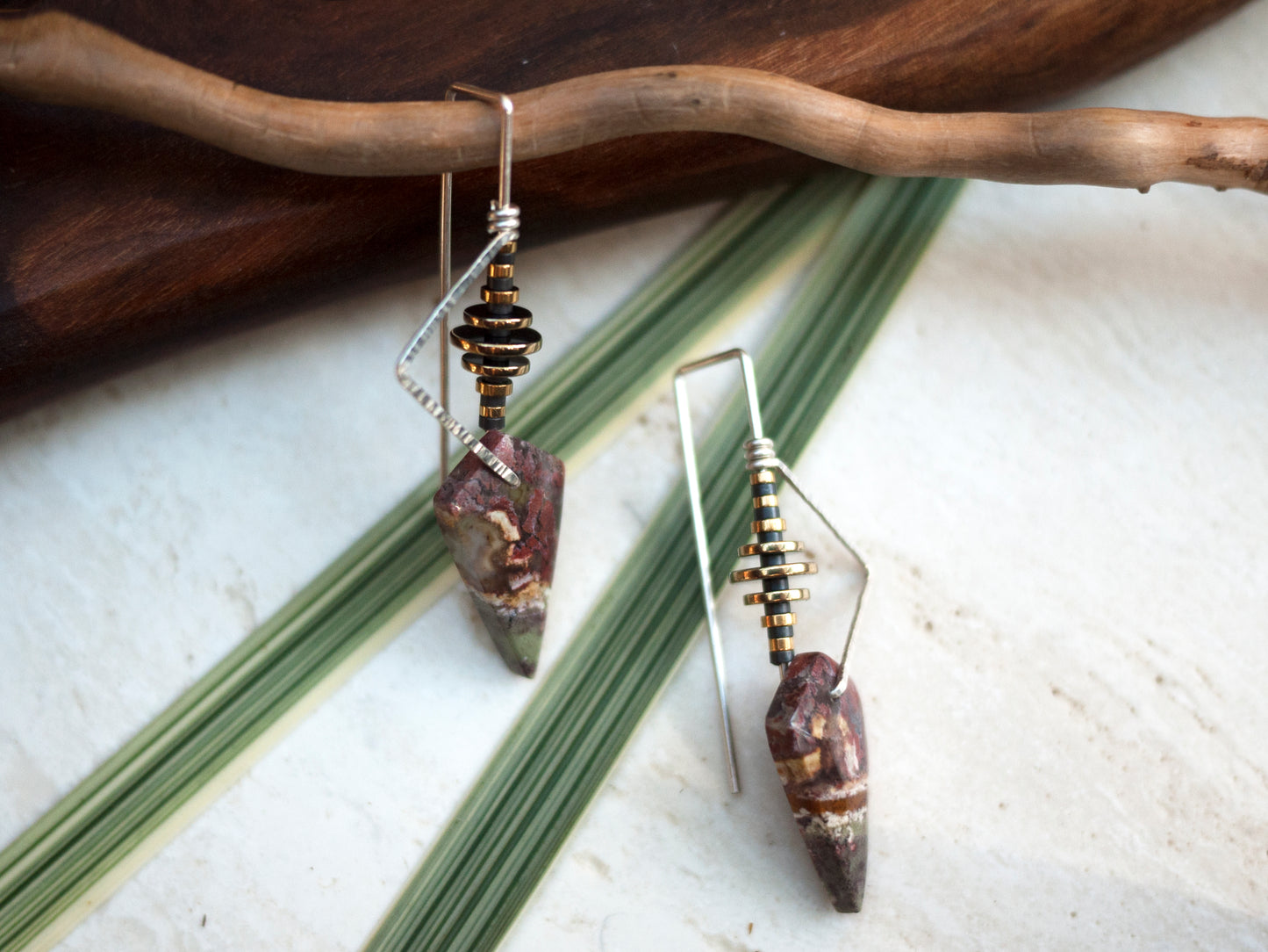 Geometic Moss Agate Drop Earrings