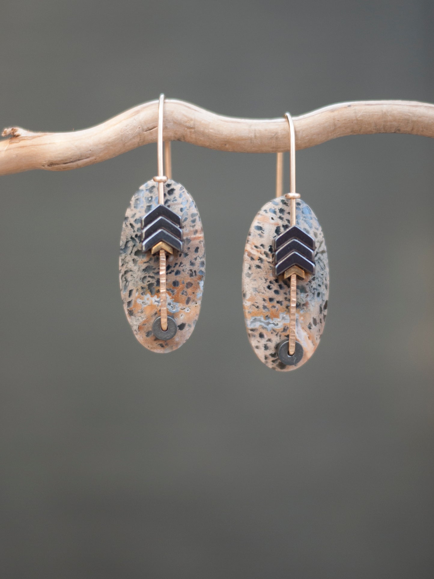 Oval Petrified Palmwood Chevron Drop Earrings