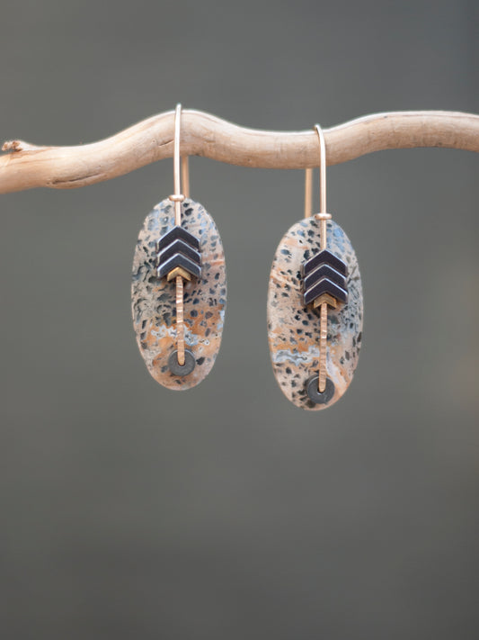 Oval Petrified Palmwood Chevron Drop Earrings