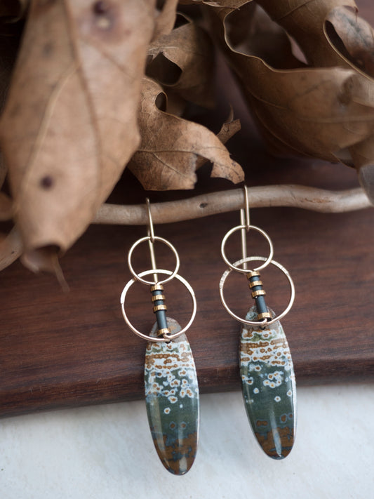 Oval Ocean Jasper Circle Motif Dangle Earrings