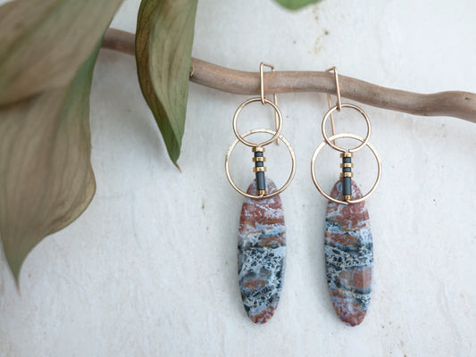 Oval River Jasper Circle Motif Dangle Earrings