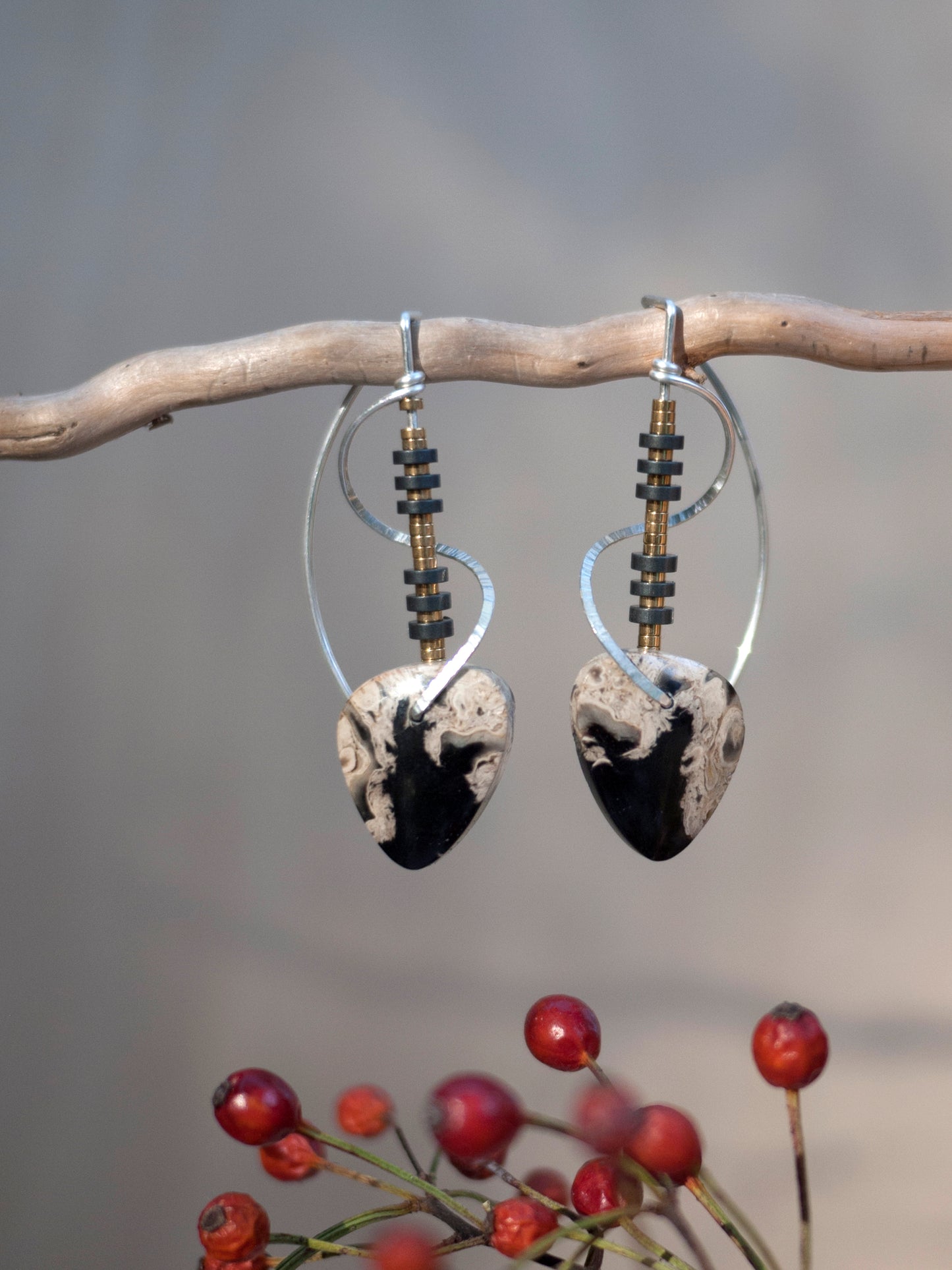 Sculptural Spiral Petrified Palm Wood Drop Earrings