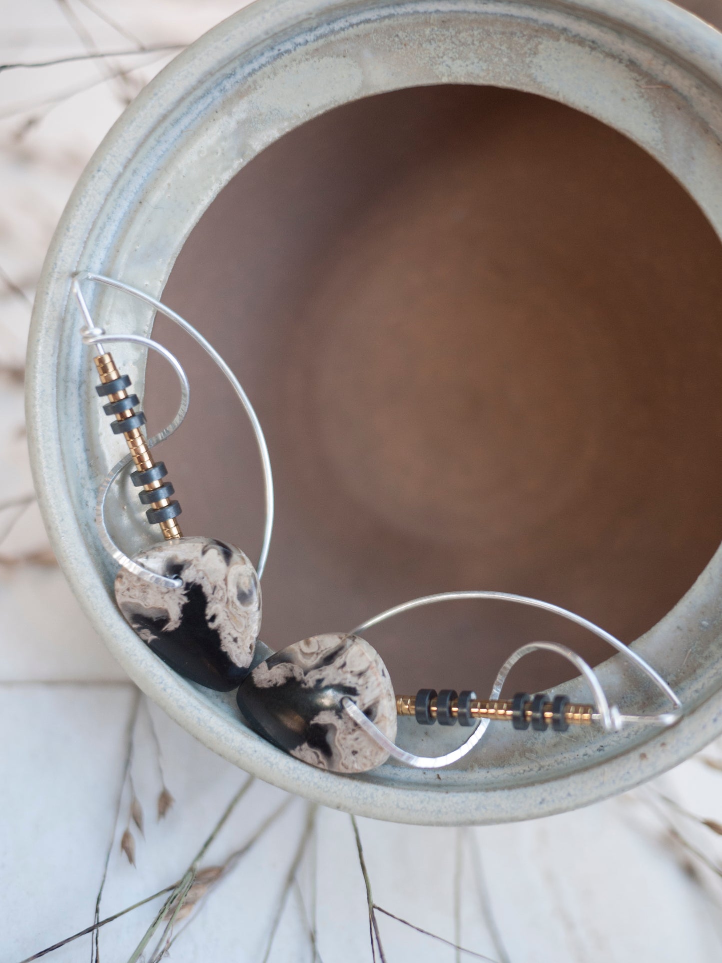Sculptural Spiral Petrified Palm Wood Drop Earrings