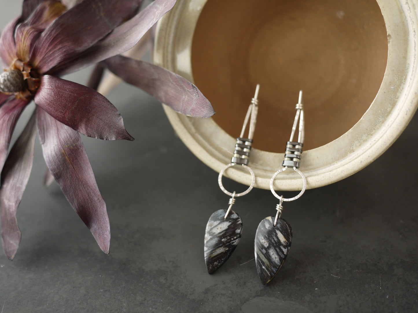 Silver Dangle Earrings With Palmwood Drops