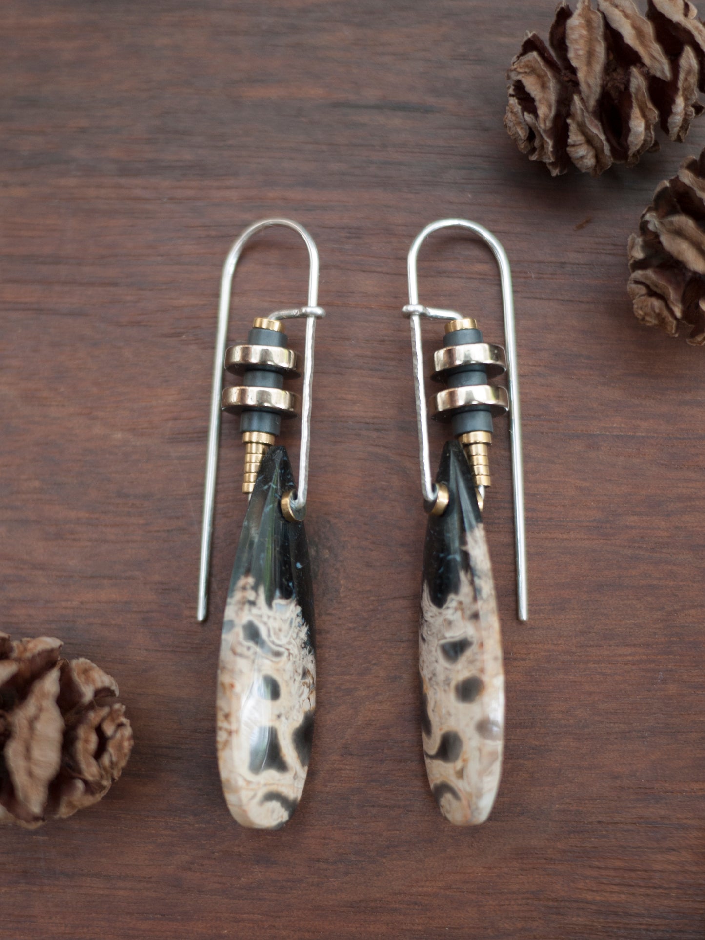 Long Petrified Palm Wood Teardrop Earrings