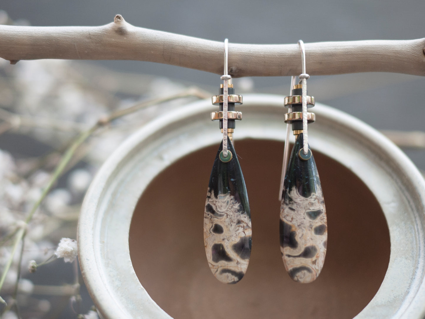 Long Petrified Palm Wood Teardrop Earrings