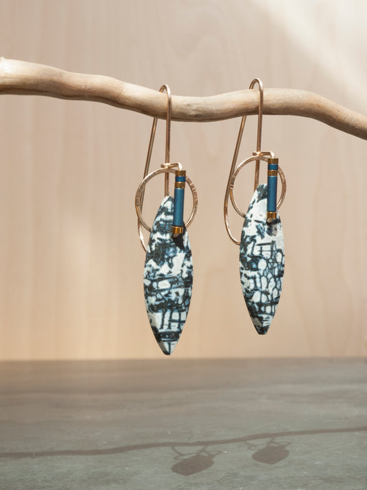 Marquise Shaped Petrified Palm Wood Sculptural Earrings