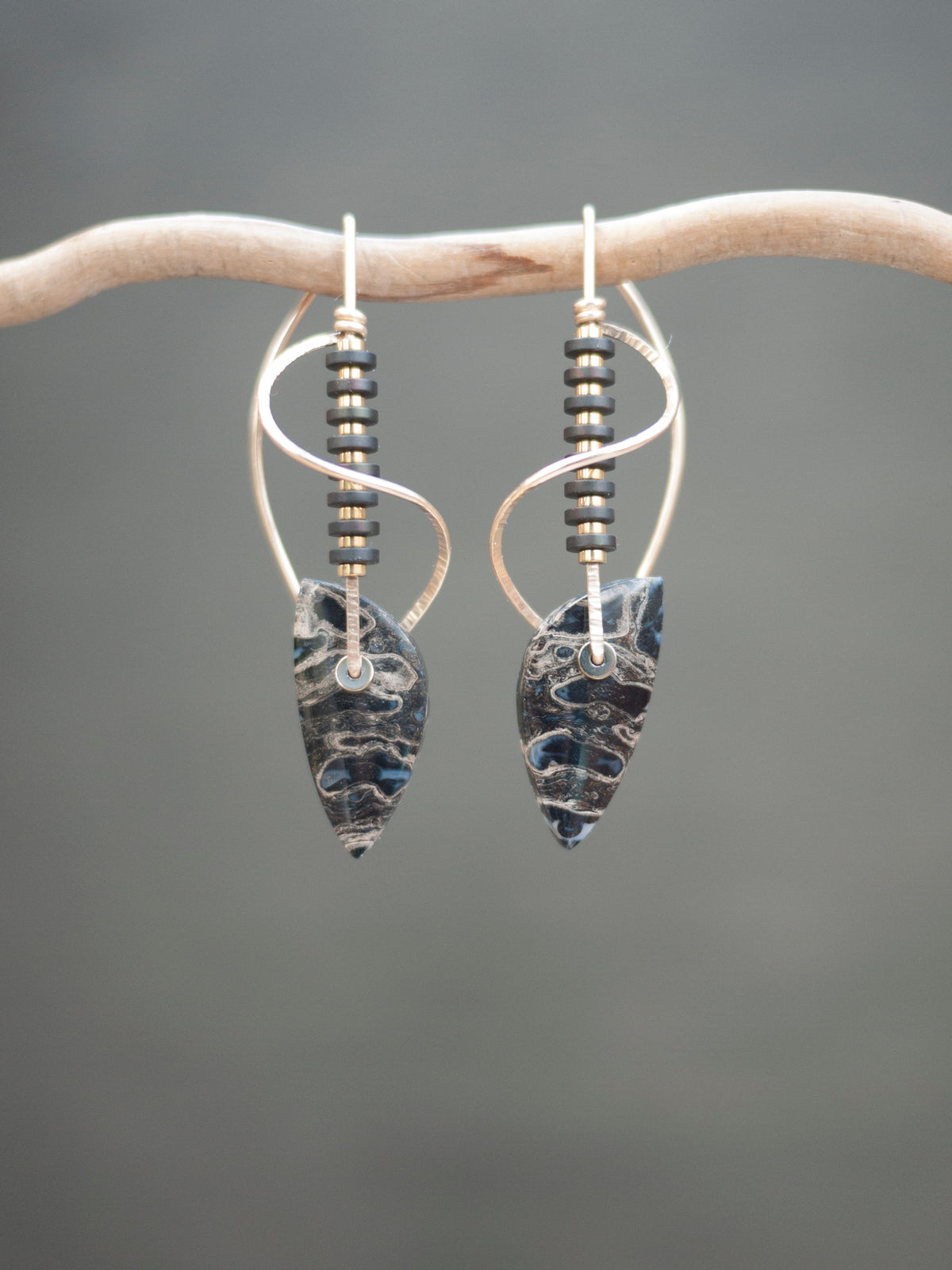 Sculptural Spiral Petrified Pocket Rot Wood Drop Earrings