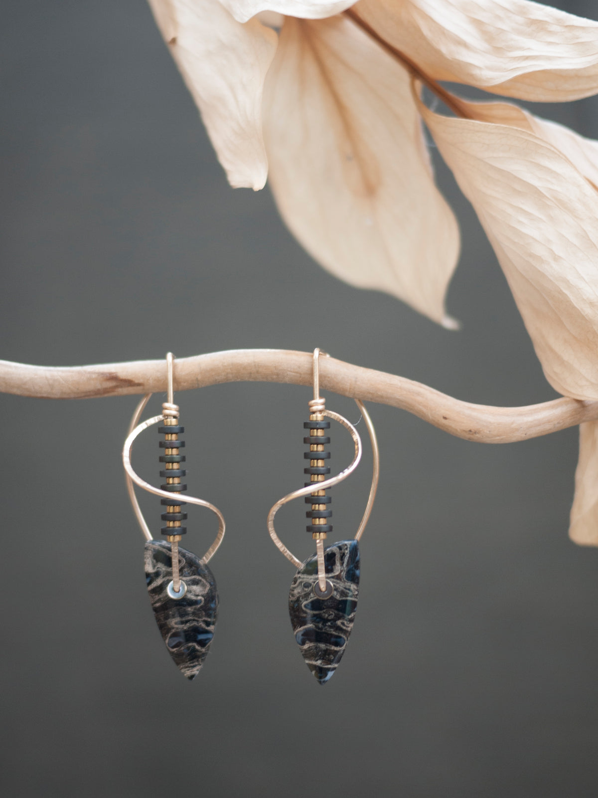 Sculptural Spiral Petrified Pocket Rot Wood Drop Earrings